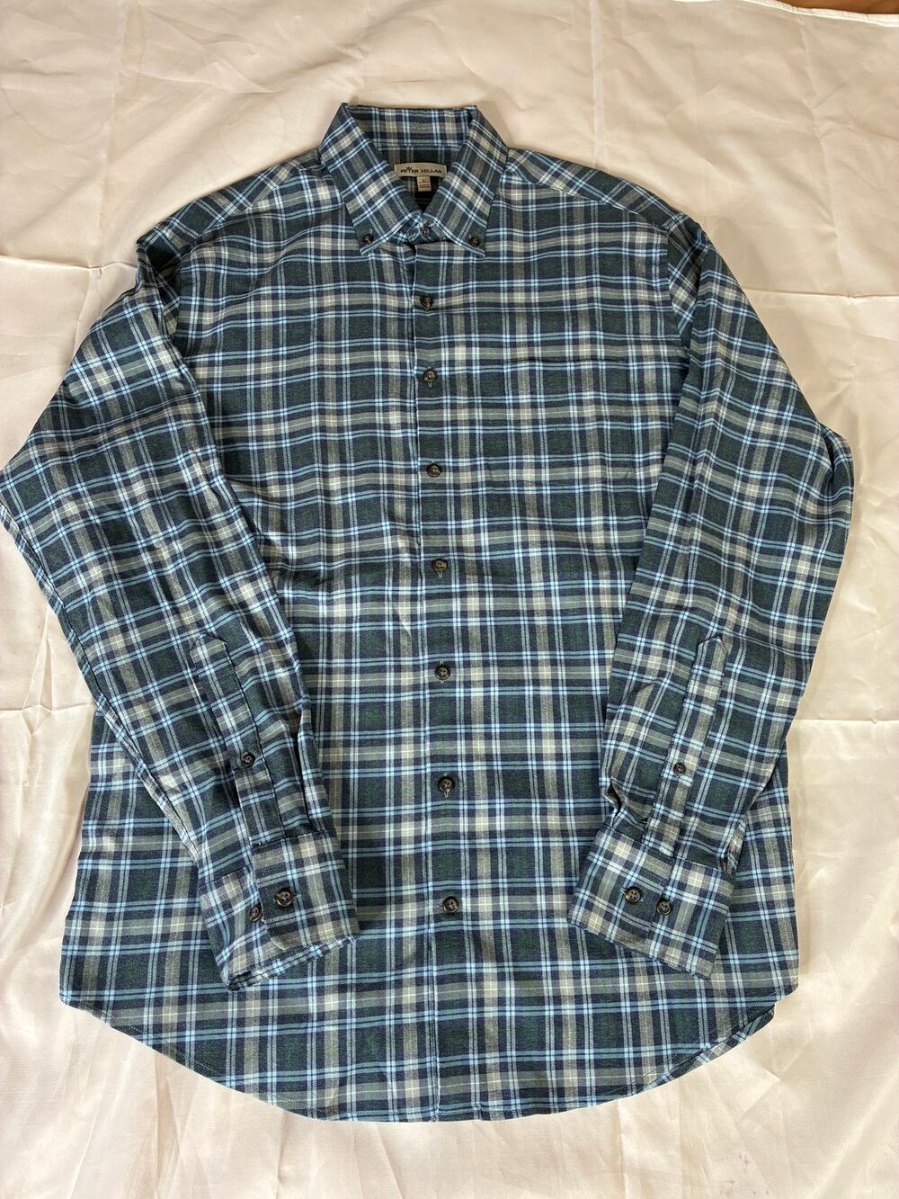 Peter Millar Mens L Flannel Plaid Shirt Blue Green Button Down L/S Vietnam
